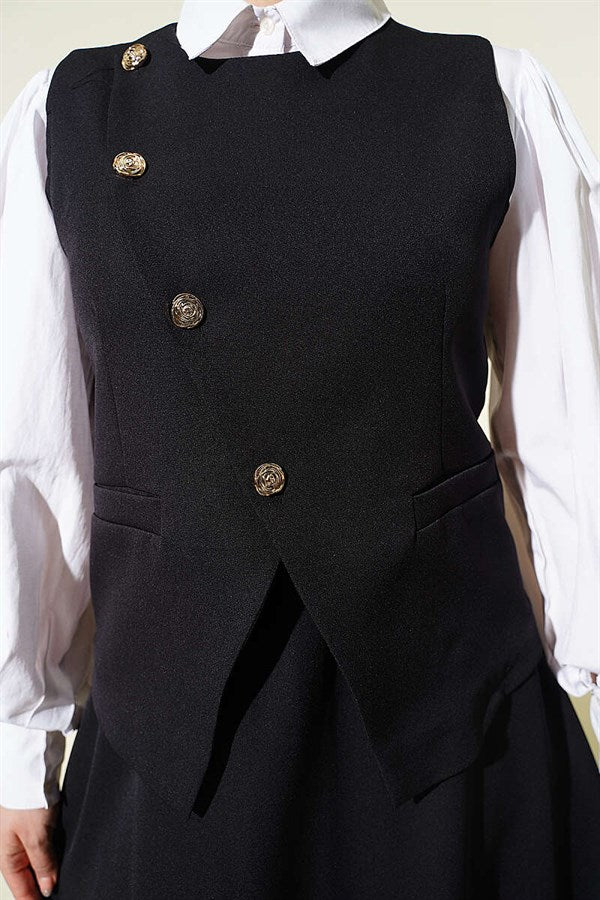 Cross-Buttoned Vest and Skirt 2 Piece Set, Black