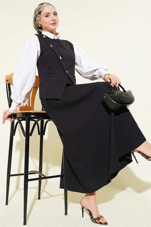 Cross-Buttoned Vest and Skirt 2 Piece Set, Black