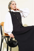 Cross-Buttoned Vest and Skirt 2 Piece Set, Black