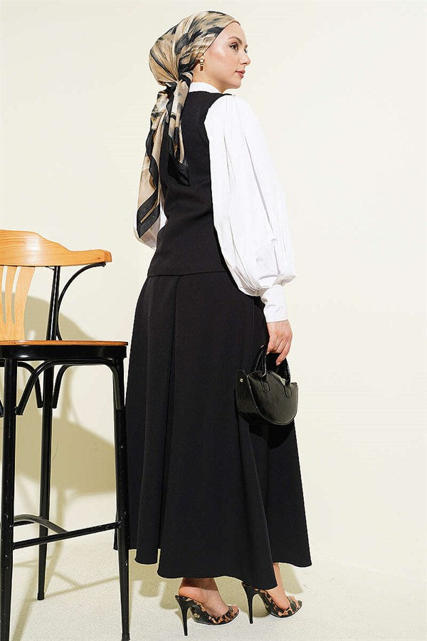Cross-Buttoned Vest and Skirt 2 Piece Set, Black