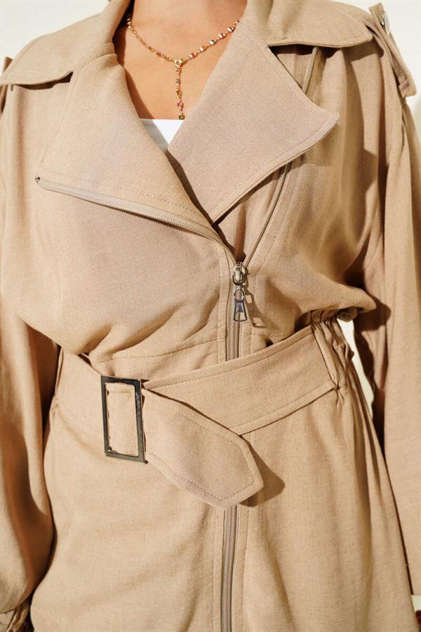 Cross-Zip Belted Jacket, Camel