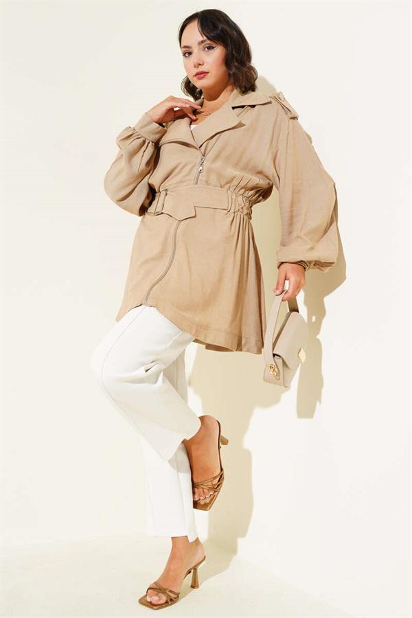 Cross-Zip Belted Jacket, Camel