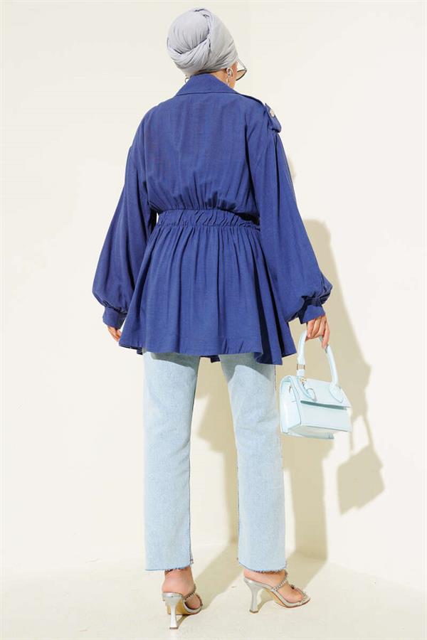 Diagonal Zippered Belted Jacket Indigo