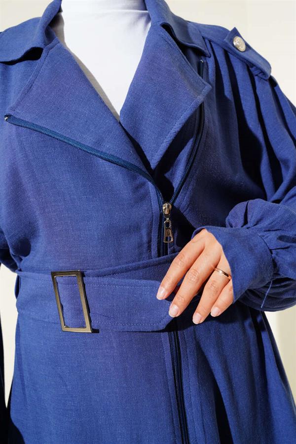 Diagonal Zippered Belted Jacket Indigo