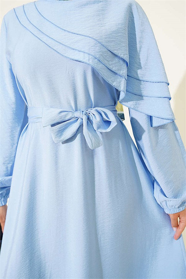 Baby Blue Dress with Cross Ruffle Detail