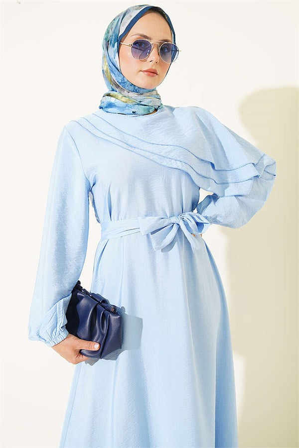 Baby Blue Dress with Cross Ruffle Detail