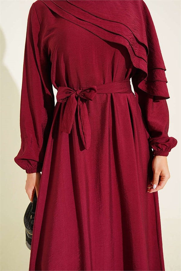 Burgundy Dress with Cross Ruffle Detail