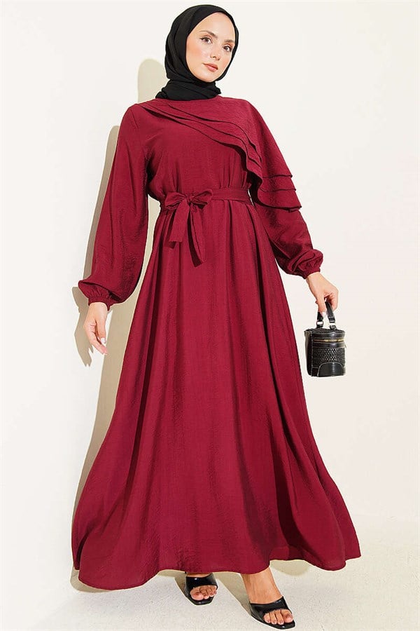 Burgundy Dress with Cross Ruffle Detail