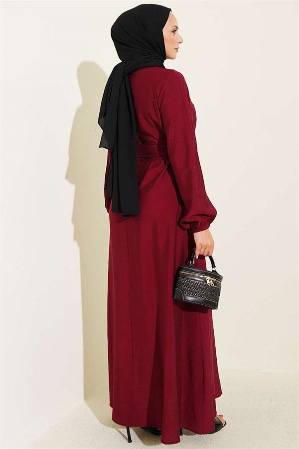 Burgundy Dress with Cross Ruffle Detail