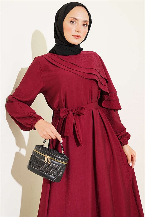 Burgundy Dress with Cross Ruffle Detail