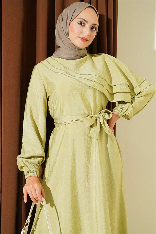 Cross Ruffle Detail Dress in Sage Green