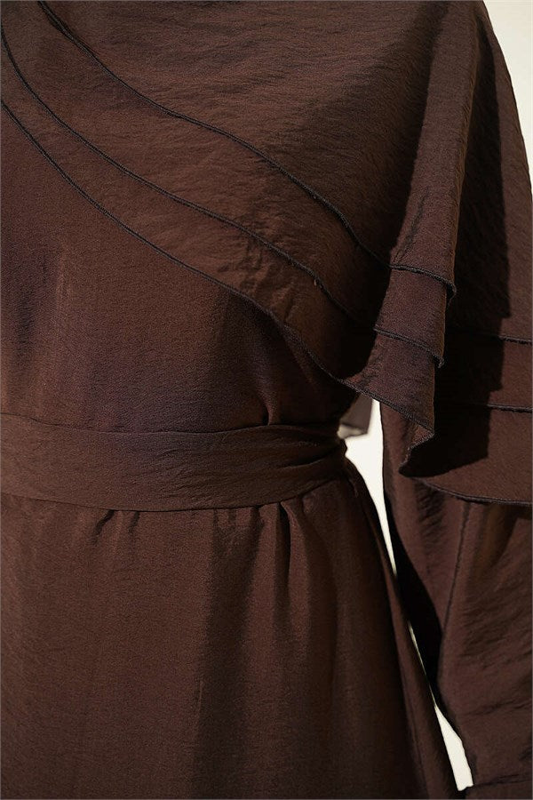 Cross Ruffle Detail Dress, Coffee