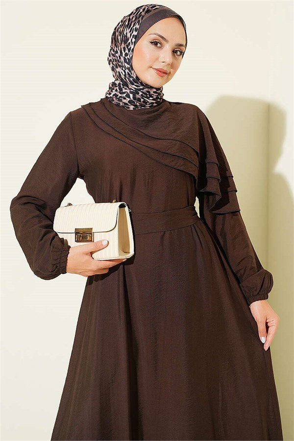 Cross Ruffle Detail Dress, Coffee