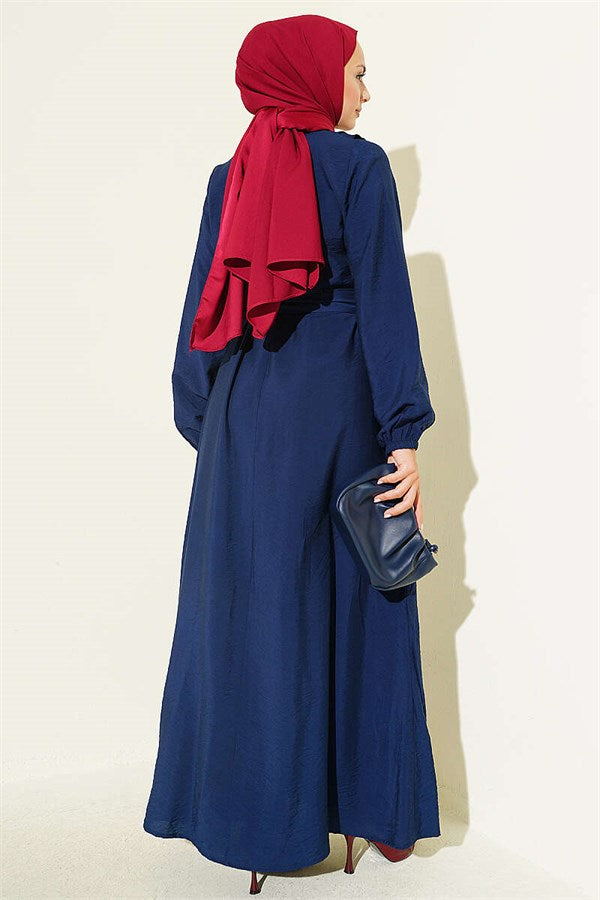 Navy Blue Dress with Cross Ruffle Detail