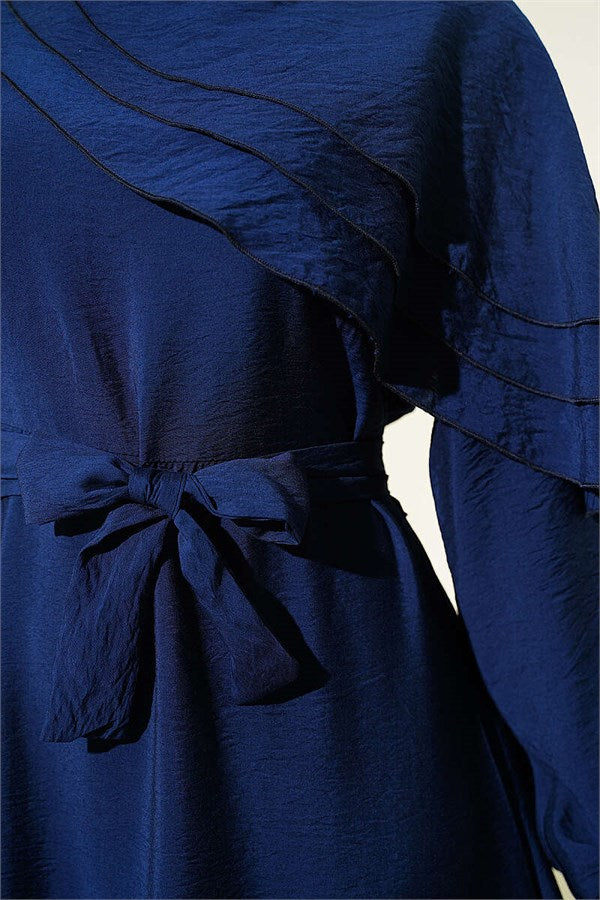 Navy Blue Dress with Cross Ruffle Detail