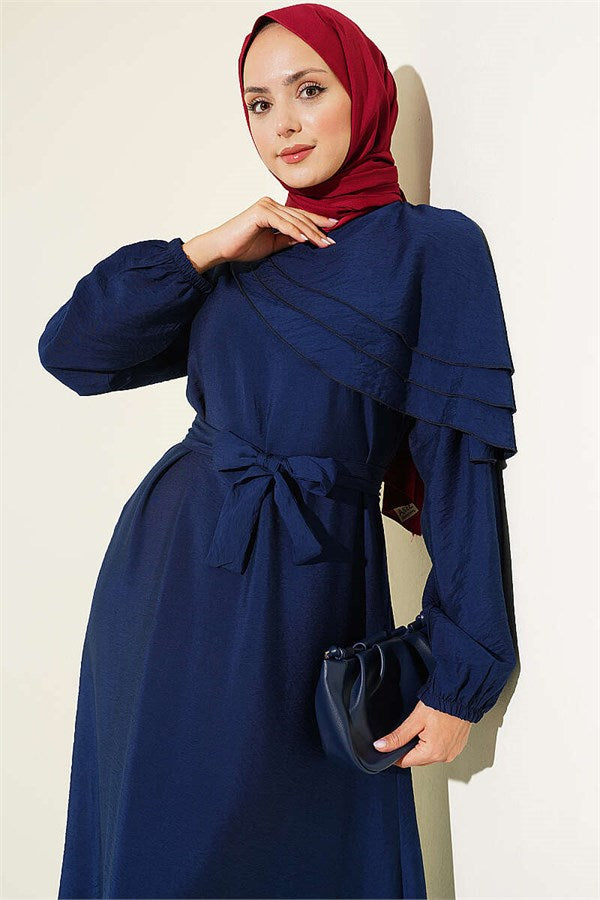 Navy Blue Dress with Cross Ruffle Detail