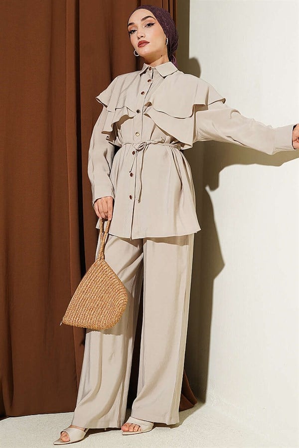Modal 2 Piece Set with Cross Ruffle Cape, Beige