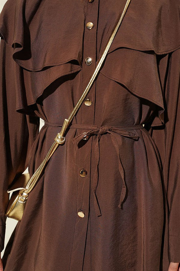 Cross Ruffle Cape Modal 2 Piece Set in Coffee Brown