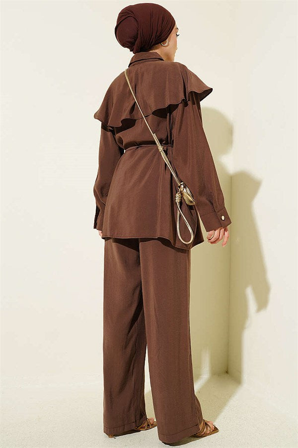 Cross Ruffle Cape Modal 2 Piece Set in Coffee Brown