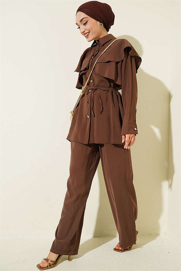 Cross Ruffle Cape Modal 2 Piece Set in Coffee Brown