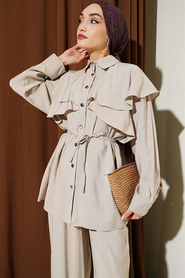 Modal 2 Piece Set with Cross Ruffle Cape, Beige