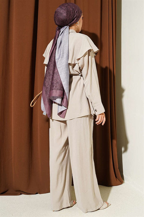 Modal 2 Piece Set with Cross Ruffle Cape, Beige