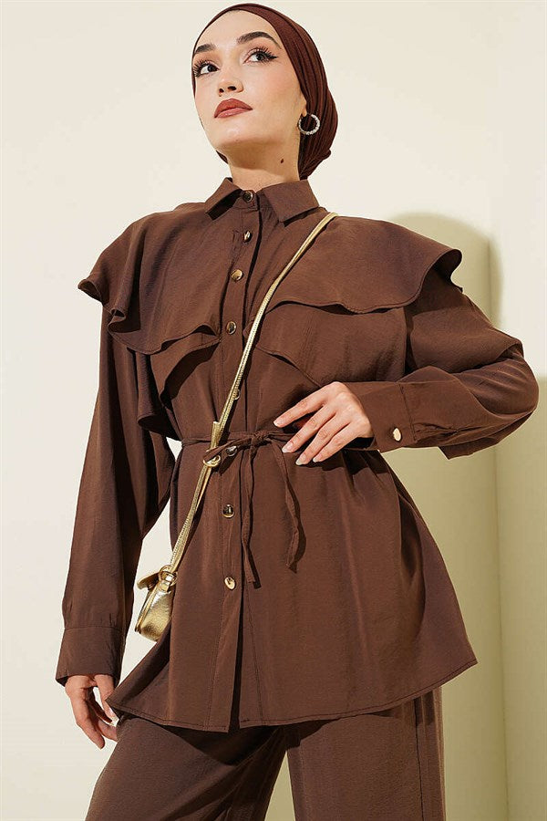 Cross Ruffle Cape Modal 2 Piece Set in Coffee Brown