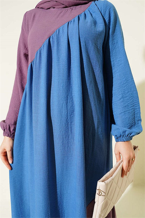 Cross-Trimmed Linen Dress, Blue