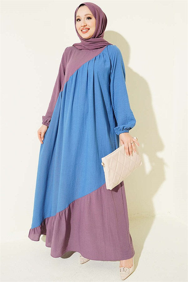 Cross-Trimmed Linen Dress, Blue