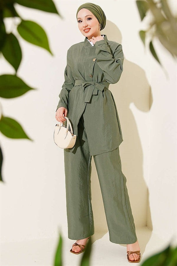 2 Piece Set with Cross Gold Buttons and Belt, Khaki