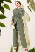2 Piece Set with Cross Gold Buttons and Belt, Khaki