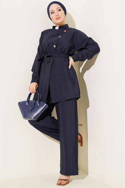 2 Piece Set with Cross Gold Buttons and Belt, Navy Blue