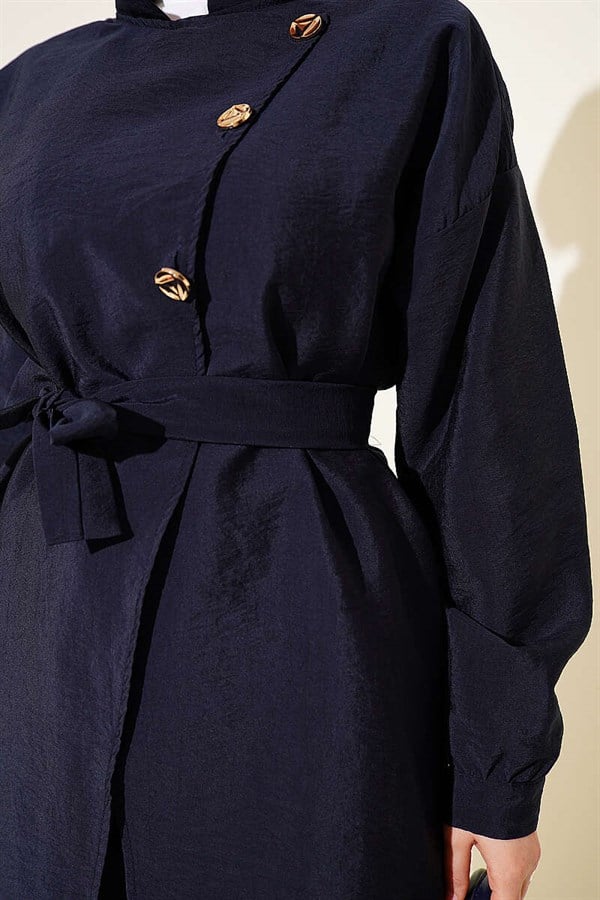 2 Piece Set with Cross Gold Buttons and Belt, Navy Blue