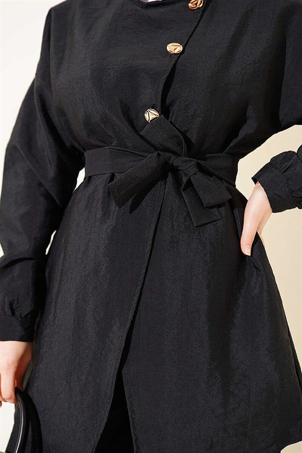 Cross Gold Buttoned Belted 2 Piece Set, Black