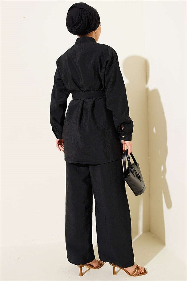 Cross Gold Buttoned Belted 2 Piece Set, Black