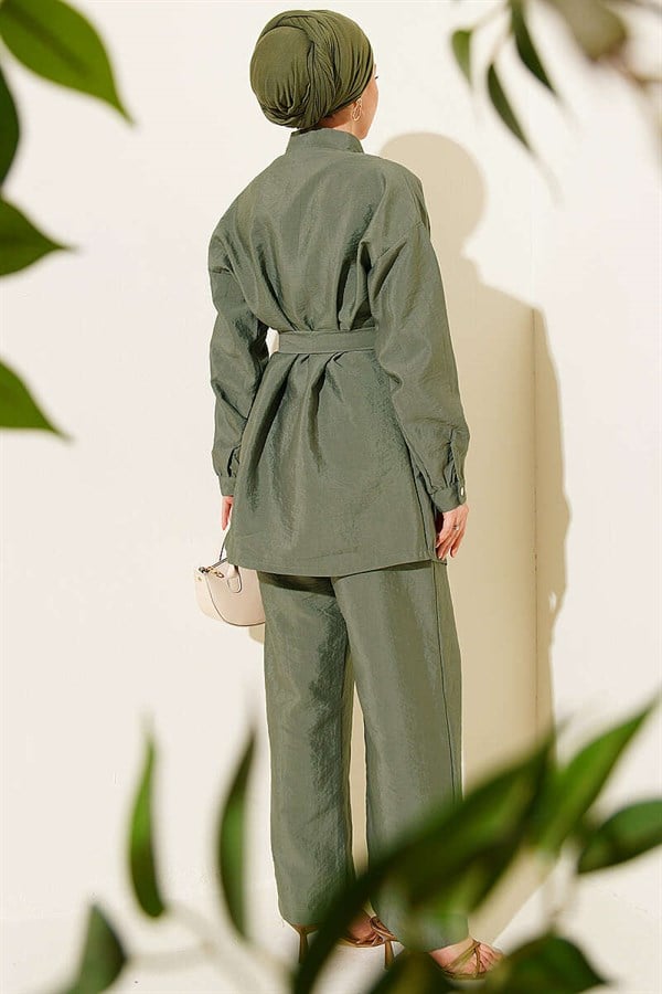 2 Piece Set with Cross Gold Buttons and Belt, Khaki
