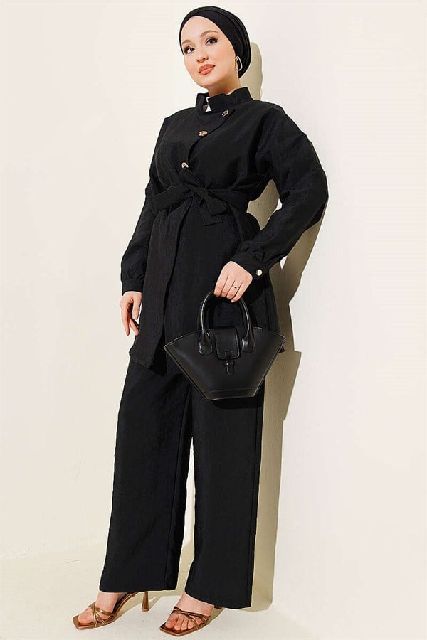 Cross Gold Buttoned Belted 2 Piece Set, Black