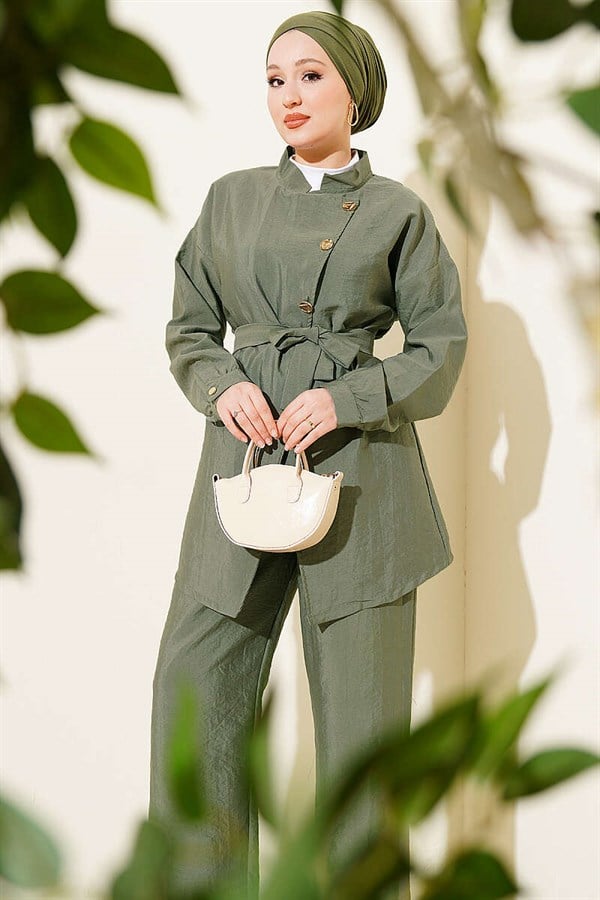 2 Piece Set with Cross Gold Buttons and Belt, Khaki