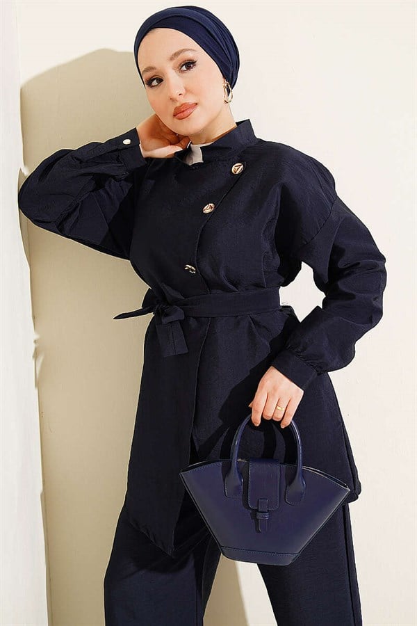 2 Piece Set with Cross Gold Buttons and Belt, Navy Blue