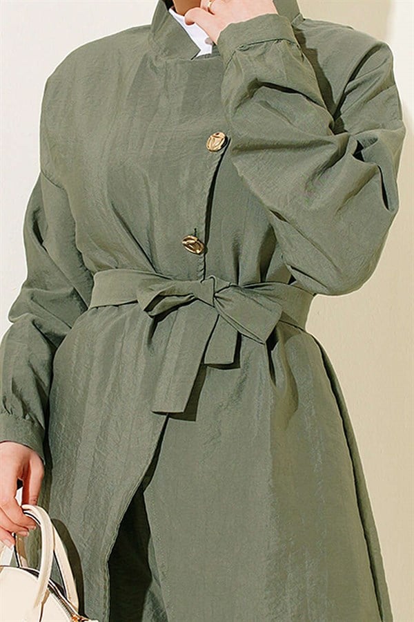 2 Piece Set with Cross Gold Buttons and Belt, Khaki