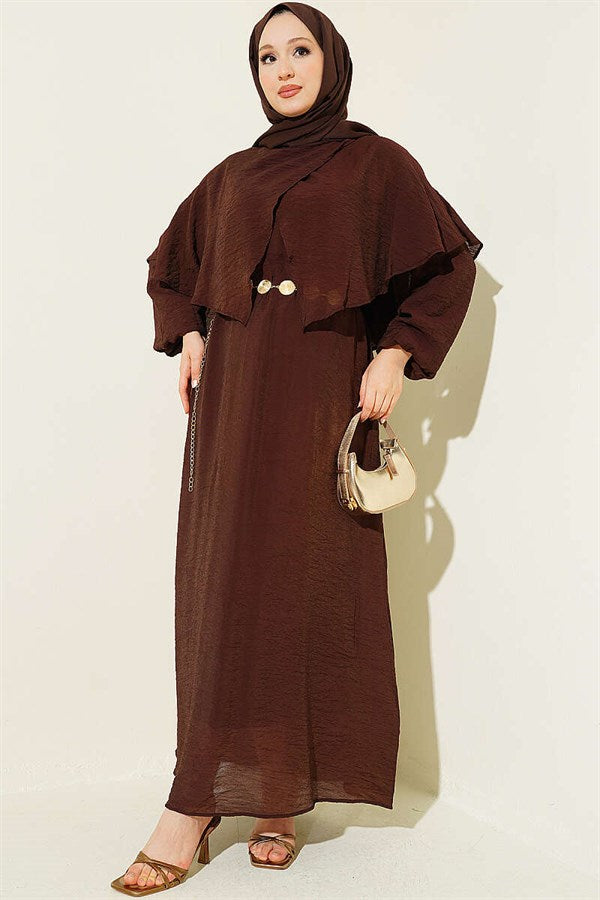 Cross-Shoulder Cape Dress, Brown
