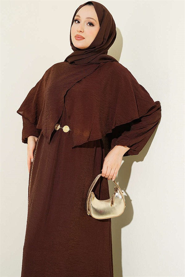 Cross-Shoulder Cape Dress, Brown