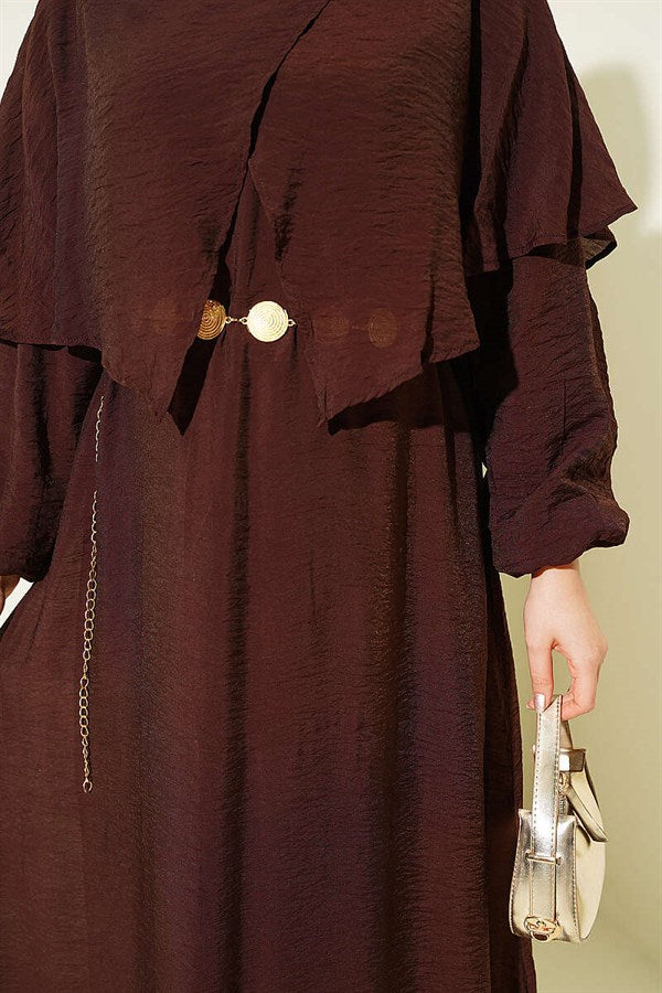 Cross-Shoulder Cape Dress, Brown