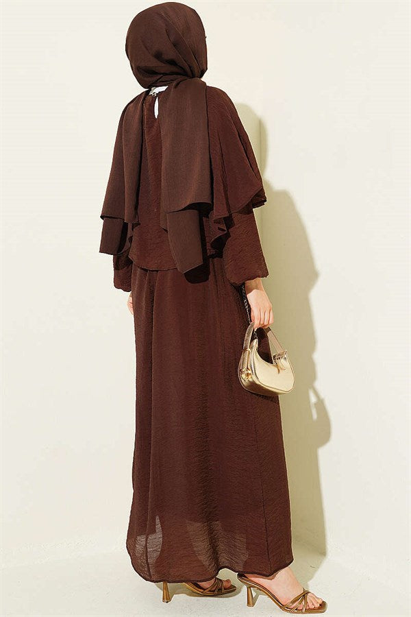 Cross-Shoulder Cape Dress, Brown