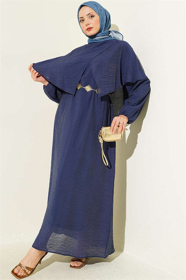 Cross-Shoulder Cape Dress Navy Blue