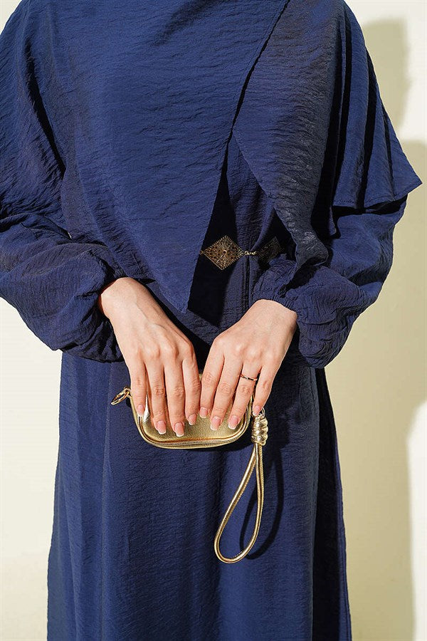 Cross-Shoulder Cape Dress Navy Blue