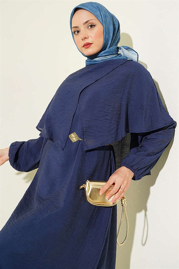 Cross-Shoulder Cape Dress Navy Blue