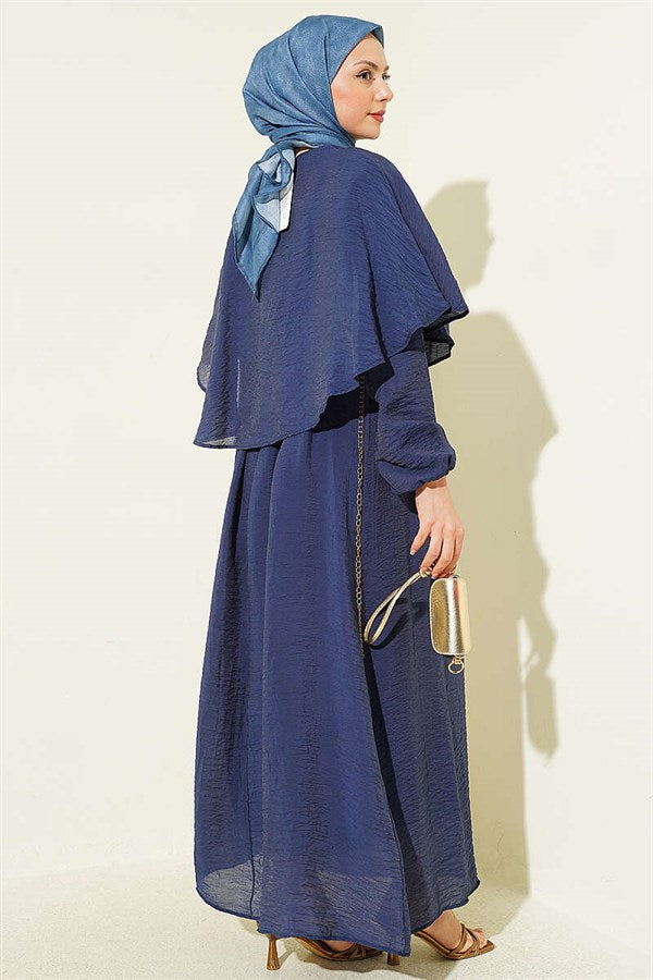 Cross-Shoulder Cape Dress Navy Blue