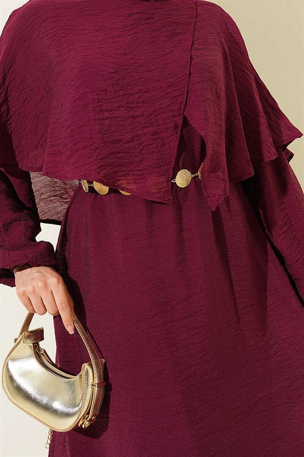 Cross-Shoulder Cape Dress, Plum