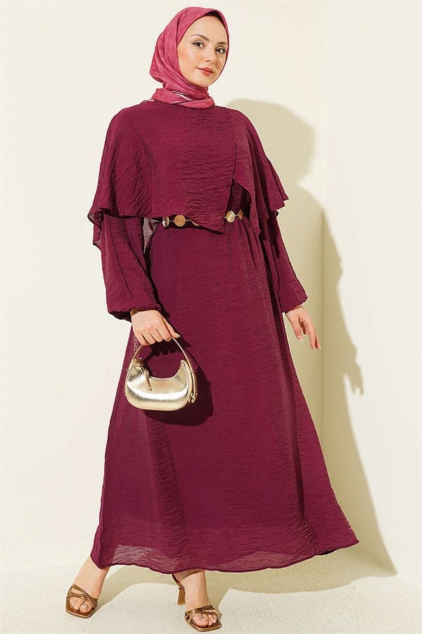 Cross-Shoulder Cape Dress, Plum